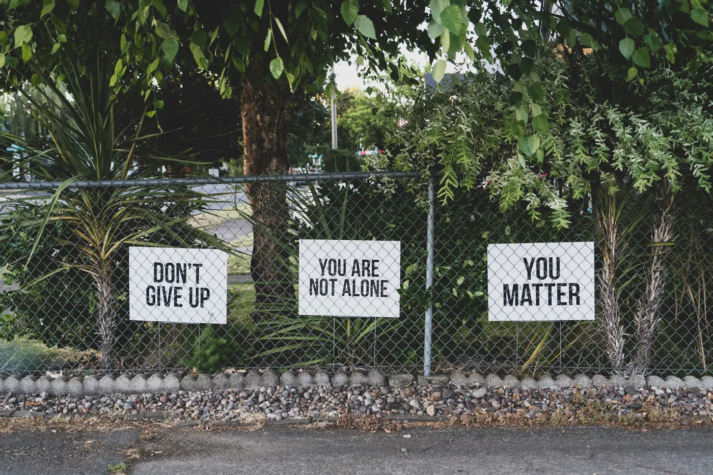 Wire fence in front of greenery with signs that say, dont give up; you are not alone; you matter